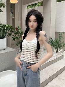 Stereo Flower Hollow Out Crop Tank Top - Apricot - View 1