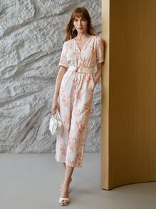 MOTF PREMIUM LINEN PRINTED BUCKLE BELTED JUMPSUIT - Apricot - View 2