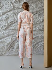 MOTF PREMIUM LINEN PRINTED BUCKLE BELTED JUMPSUIT - Apricot - View 3