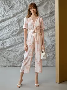 MOTF PREMIUM LINEN PRINTED BUCKLE BELTED JUMPSUIT - Apricot - View 4