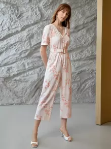 MOTF PREMIUM LINEN PRINTED BUCKLE BELTED JUMPSUIT - Apricot - View 6