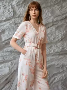 MOTF PREMIUM LINEN PRINTED BUCKLE BELTED JUMPSUIT - Apricot - View 7