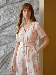 MOTF PREMIUM LINEN PRINTED BUCKLE BELTED JUMPSUIT - Apricot - View 8