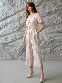 MOTF PREMIUM LINEN PRINTED BUCKLE BELTED JUMPSUIT - Apricot - View 10