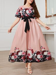 Modelyn Plus Floral Print Belted A-Line Dress Long Evening Dresses - Coral Pink - View 1