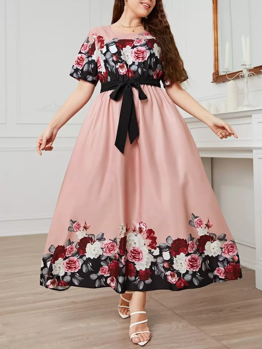 Modelyn Plus Floral Print Belted A-Line Dress Long Evening Dresses - Coral Pink - View 1
