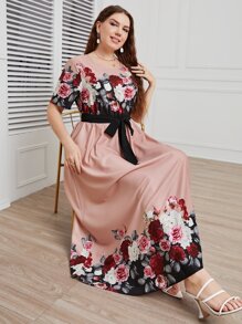 Modelyn Plus Floral Print Belted A-Line Dress Long Evening Dresses - Coral Pink - View 6