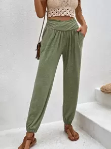 SHEIN LUNE Quần nữ Túi màu trơn Giải trí - xanh quân đội - Xem 1