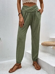 SHEIN LUNE Quần nữ Túi màu trơn Giải trí - xanh quân đội - Xem 3