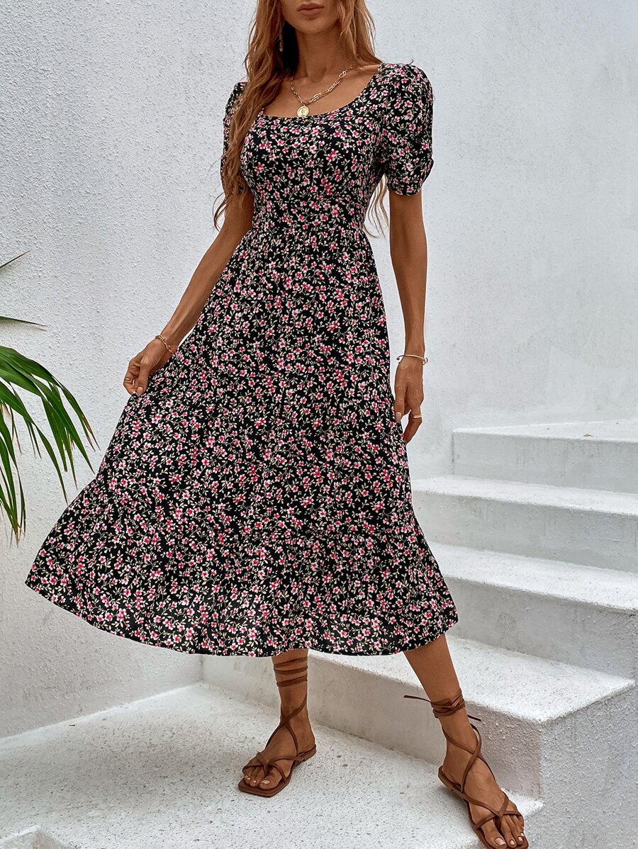 SHEIN Holidaya Vestido con estampado floral bajo con fruncido - Multicolor - Ver 1