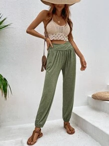 SHEIN LUNE Quần nữ Túi màu trơn Giải trí - xanh quân đội - Xem 4