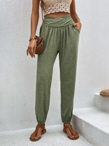 SHEIN LUNE Quần nữ Túi màu trơn Giải trí - xanh quân đội - Xem 5