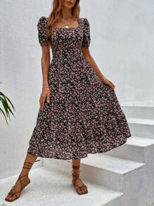 SHEIN Holidaya Vestido con estampado floral bajo con fruncido - Multicolor - Ver 4