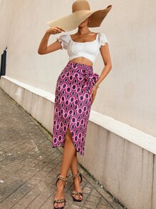 隨機幾何印花側繫帶裹身裙 - 彩色 - 查看 1