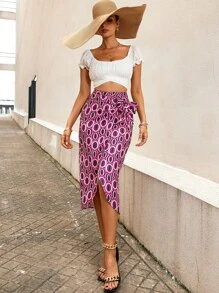 隨機幾何印花側繫帶裹身裙 - 彩色 - 查看 6