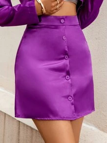 Aveloria High Waist Button Front Satin Skirt - Purple - View 3