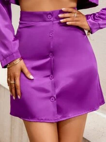Aveloria High Waist Button Front Satin Skirt - Purple - View 4