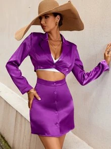 Aveloria High Waist Button Front Satin Skirt - Purple - View 5
