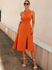 Aveloria Halter Neck Slit Thigh Dress - Burnt Orange - View 6