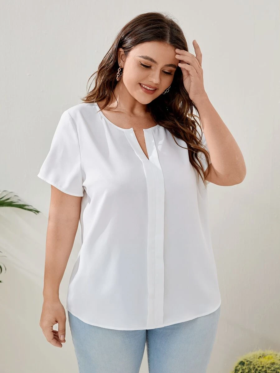 SHEIN LUNE Plus Press Crease Notched Neck Blouse - White - View 1