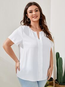 SHEIN LUNE Plus Press Crease Notched Neck Blouse - White - View 4