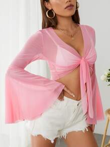 SHEIN ICON Áo nữ cắt Thắt nơ trước màu trơn Gợi cảm - Hồng - Xem 1