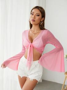 SHEIN ICON Áo nữ cắt Thắt nơ trước màu trơn Gợi cảm - Hồng - Xem 5