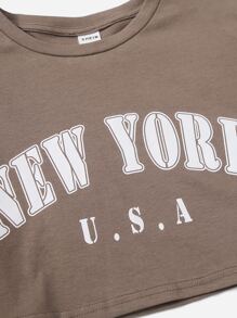 SHEIN Tween Girl Màu Trơn Cổ Tròn Tay Ngắn Quá Khổ In Chữ Áo Thun Crop - Màu Khaki - Xem 3