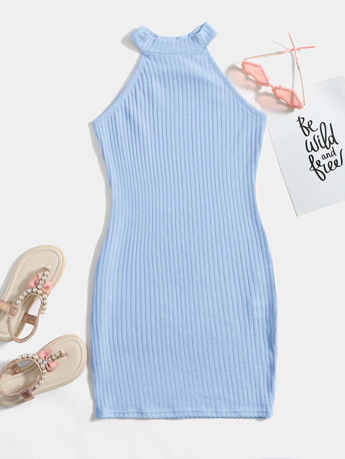 SHEIN Tween Girl Solid Color Sleeveless Rib-Knit Dress - Baby Blue - View 1