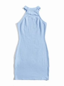 SHEIN Tween Girl Solid Color Sleeveless Rib-Knit Dress - Baby Blue - View 2
