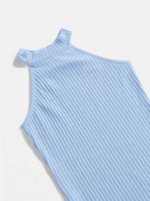 SHEIN Tween Girl Solid Color Sleeveless Rib-Knit Dress - Baby Blue - View 3