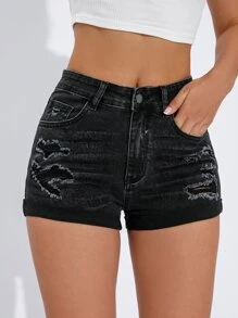 Ripped Roll Hem Denim Shorts - Black - View 1