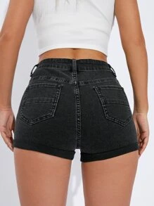 Ripped Roll Hem Denim Shorts - Black - View 2