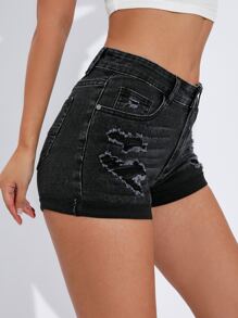Ripped Roll Hem Denim Shorts - Black - View 5