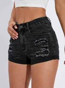 Ripped Roll Hem Denim Shorts - Black - View 6