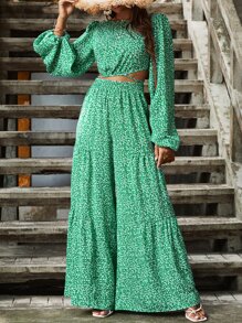 SHEIN VCAY Áo sơ mi nữ Lộ Lưng Nút Buộc lại Họa tiết hoa Boho - màu xanh lá - Xem 4