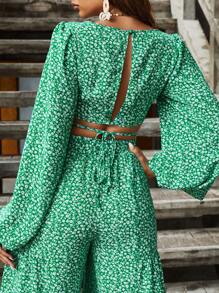 SHEIN VCAY Áo sơ mi nữ Lộ Lưng Nút Buộc lại Họa tiết hoa Boho - màu xanh lá - Xem 1