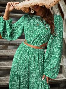 SHEIN VCAY Áo sơ mi nữ Lộ Lưng Nút Buộc lại Họa tiết hoa Boho - màu xanh lá - Xem 3