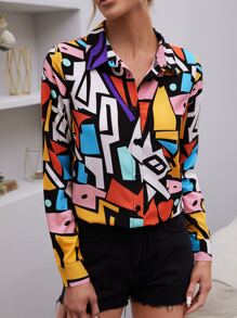 SHEIN LUNE Áo sơ mi Vải in Allover Geo - Nhiều màu - Xem 4