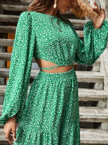 SHEIN VCAY Áo sơ mi nữ Lộ Lưng Nút Buộc lại Họa tiết hoa Boho - màu xanh lá - Xem 6