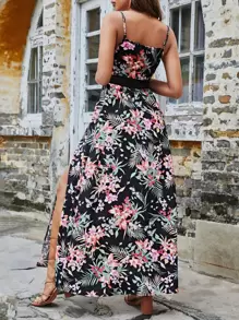 SHEIN VCAY Tropical Print Guipure Lace Panel Split Thigh Cami Dress - Multicolor - View 2