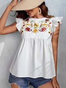 SHEIN VCAY 花卉刺繡荷葉袖荷葉邊下擺襯衫