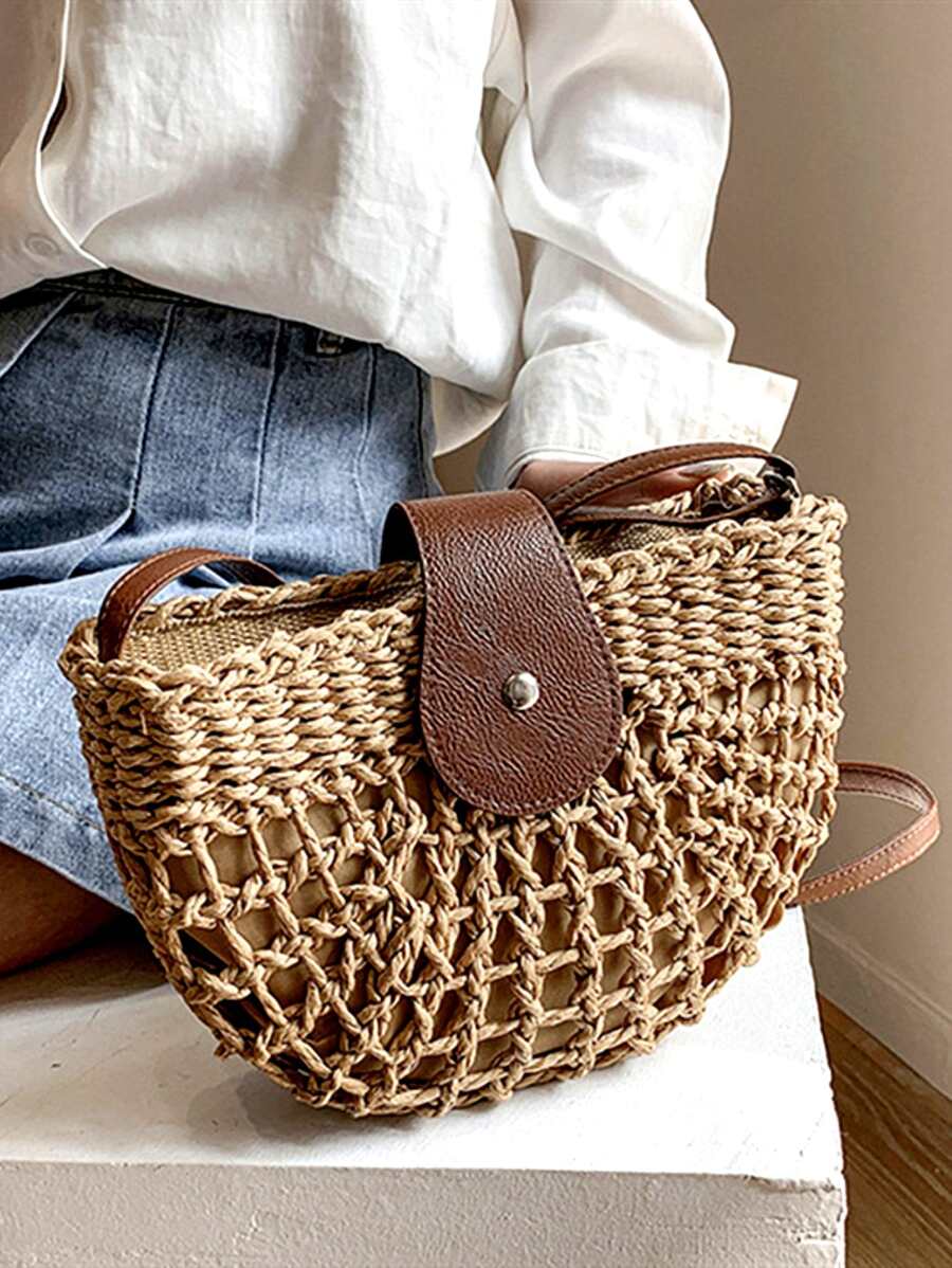 Yogodlns 轻巧、休闲镂空设计草编包，母亲节礼物送给妈妈，适合少女、女大学生，非常适合大学、户外、旅行、郊游、购物、海滩必备女士包包，适合度假和假日，柳条包，夏季吸睛沙滩包，女士夏季草编沙滩包，最热门的女士沙滩包 - 卡其色 - 查看 1