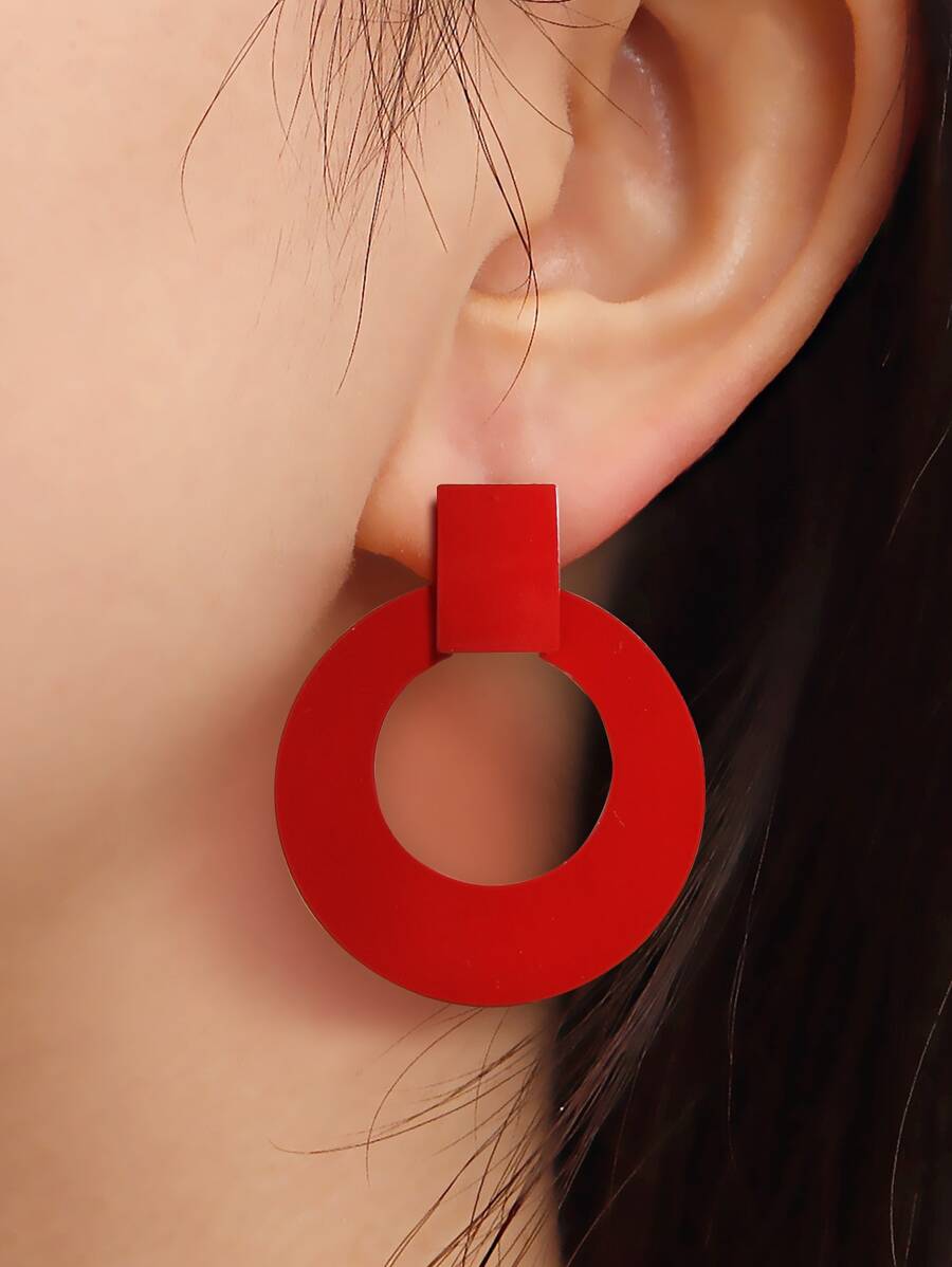 Round Drop Earrings - Red - View 1