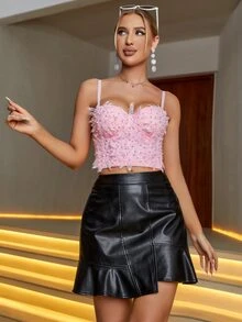 Ruffle Asymmetrical Hem PU Leather Skirt - Black - View 5