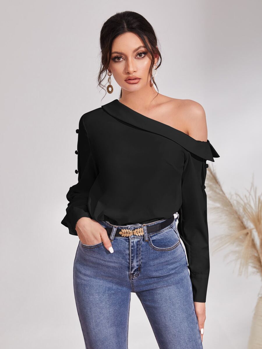 Mulvari Asymmetrical Neck Button Side High Low Blouse - Black - View 1