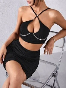 Rhinestone Ruched Crisscross Cami Top & Bodycon Skirt - Black - View 1