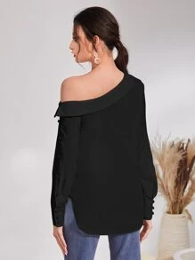 Mulvari Asymmetrical Neck Button Side High Low Blouse - Black - View 2