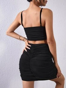 Rhinestone Ruched Crisscross Cami Top & Bodycon Skirt - Black - View 2