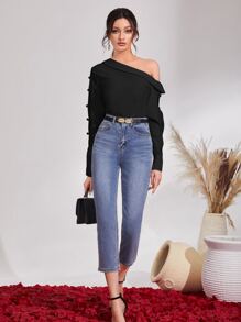 Mulvari Asymmetrical Neck Button Side High Low Blouse - Black - View 3